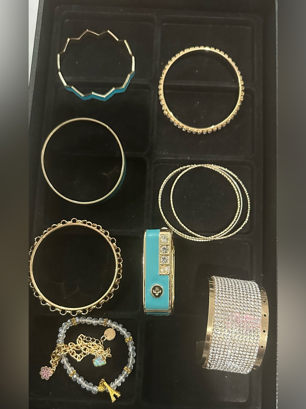 Turquoise Gold Bangle Stack Bracelet Set Rhinestone Enamel Boho Statement - Picture 7 of 7